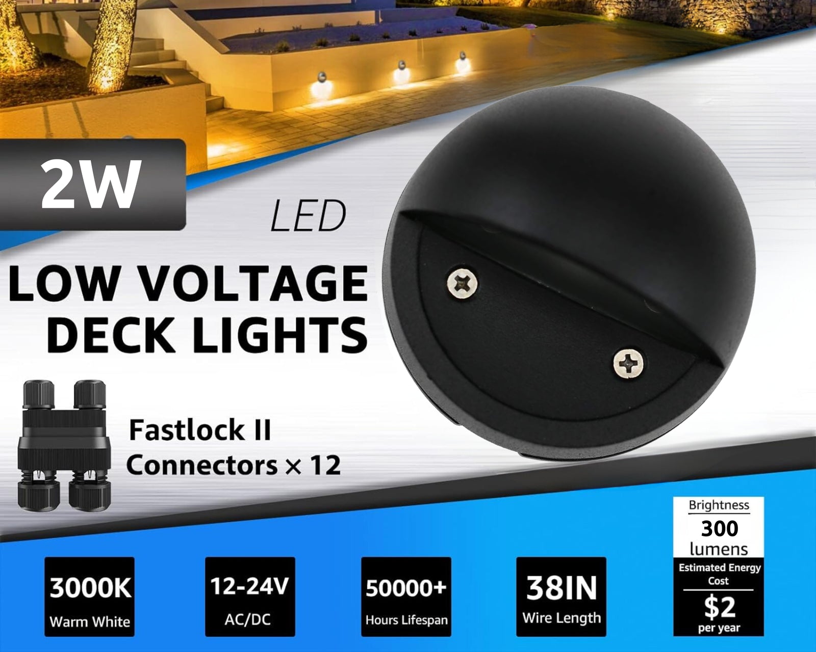Lumina Lighting® 2W LED Deck Lights (12 Pack) | Low Voltage Landscape Deck Lights - 12V 3000K | G4 LED Bulb (Black)