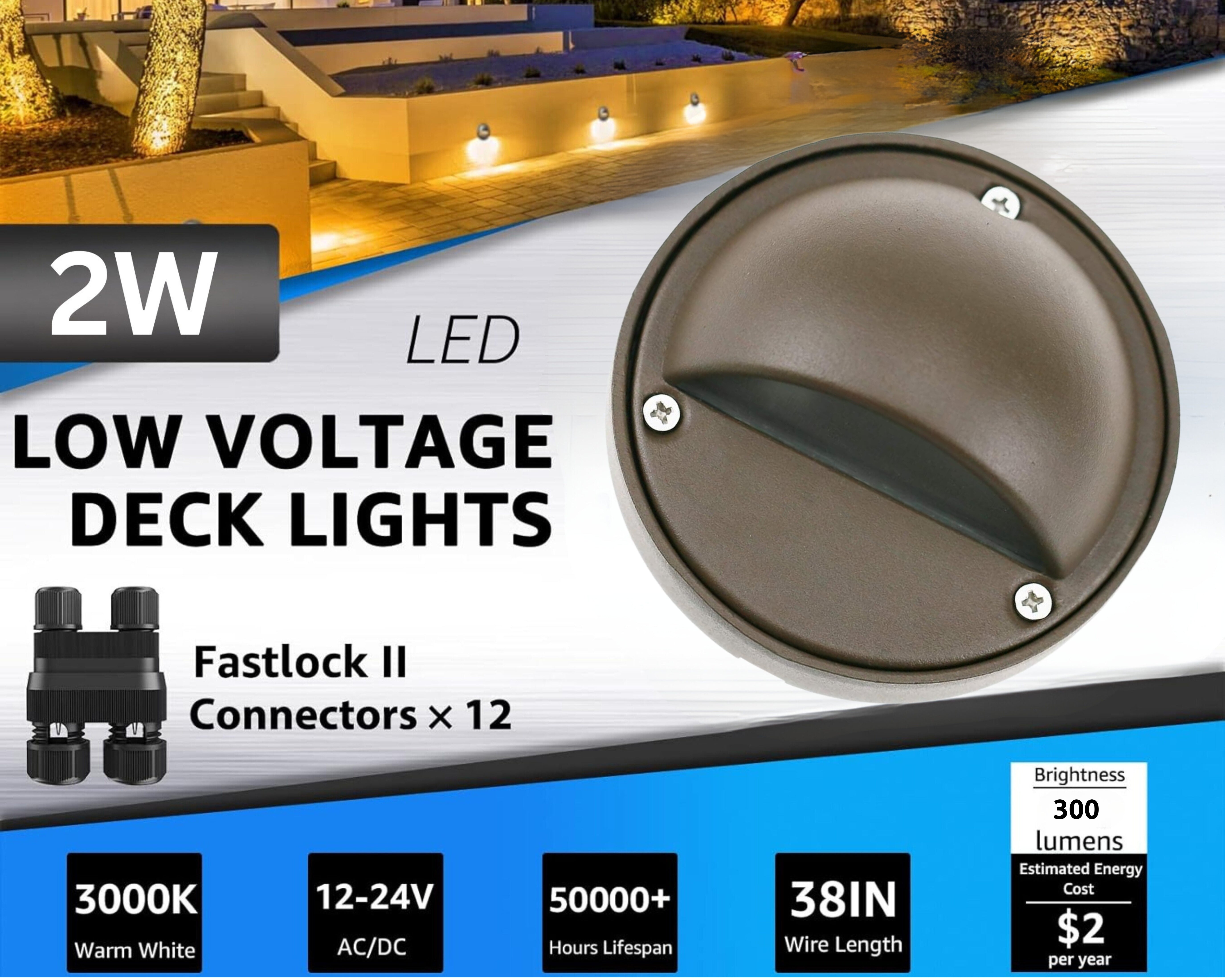 Lumina Lighting® 2W Low Voltage LED Deck Lights | 12V AC/DC | Replaceable LED Bulb Included | (Bronze, 2-Pack)