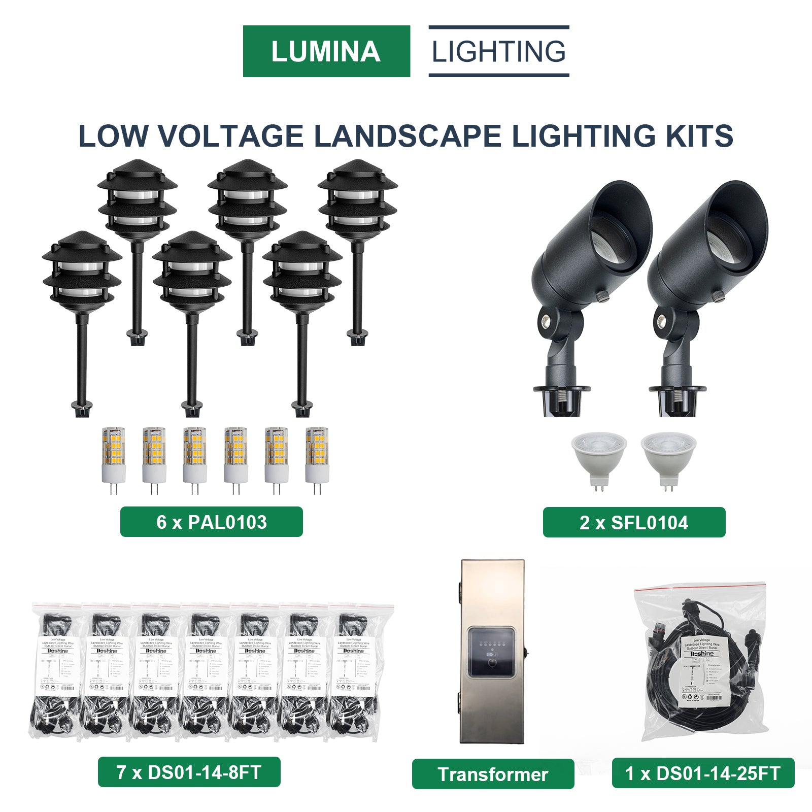 2 Spotlights SFL0104-BKLED, 6 Pagoda Path Lights, 1 Transformer