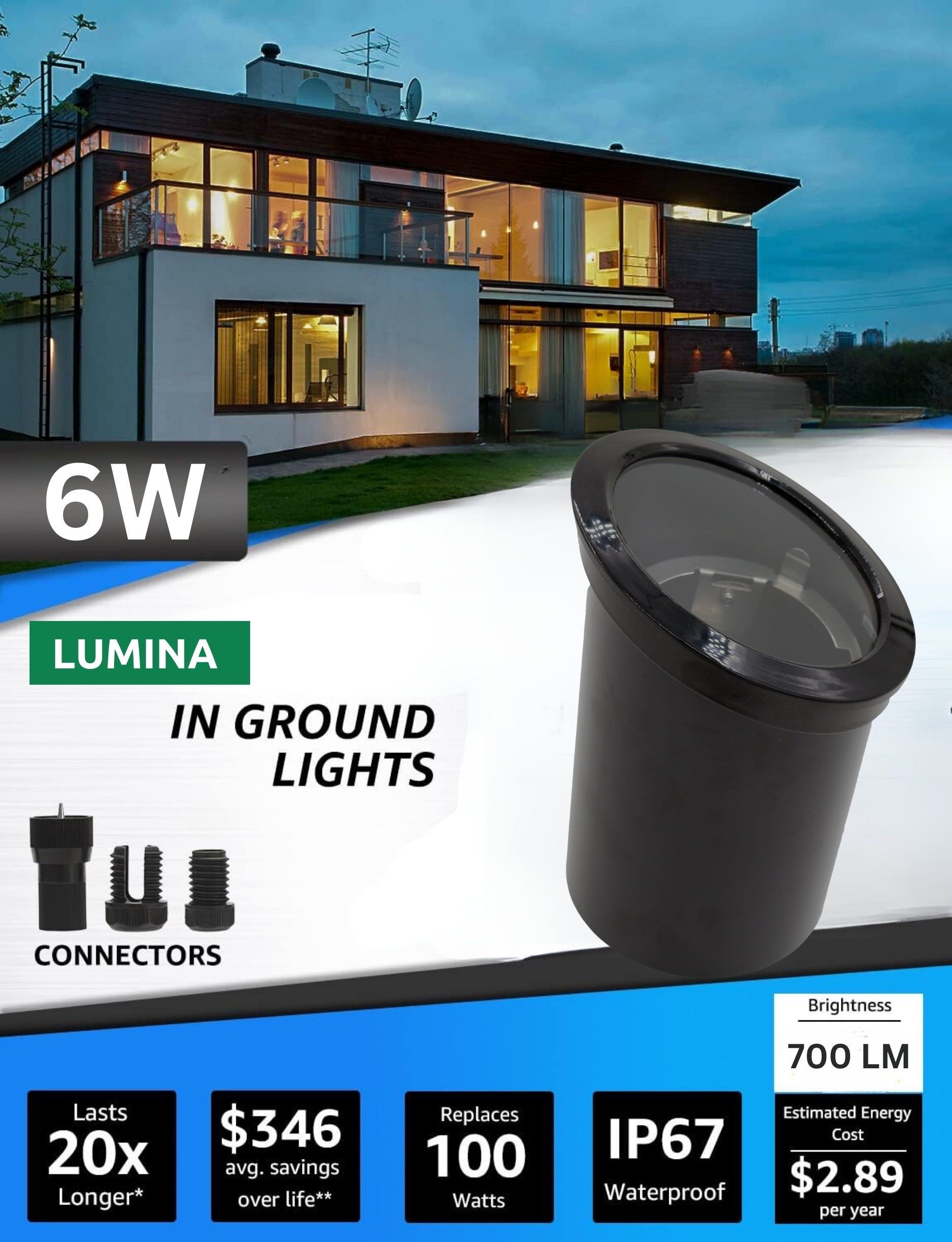 Lumina Lighting® Low Voltage Landscape Well Lights  | Adjustable Outdoor In-Ground Light (Black ABS, 2-Pack)