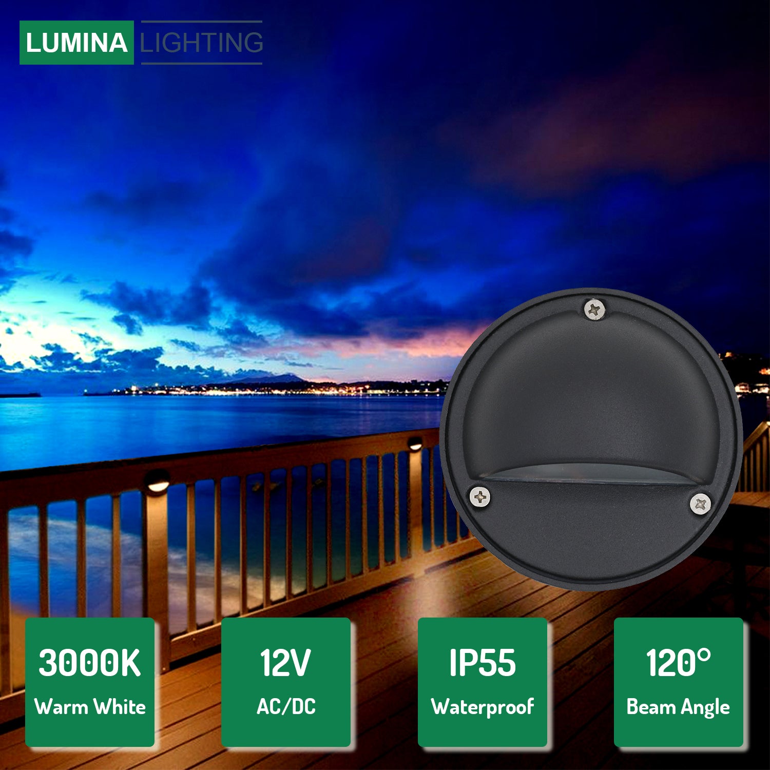 Lumina Lighting® 2W LED Landscape Deck Lights  | Low Voltage Landscape Lighting  | Deck Lighting - 12V 3000K | Replaceable G4 LED Bulb (Black, 12-Pack)