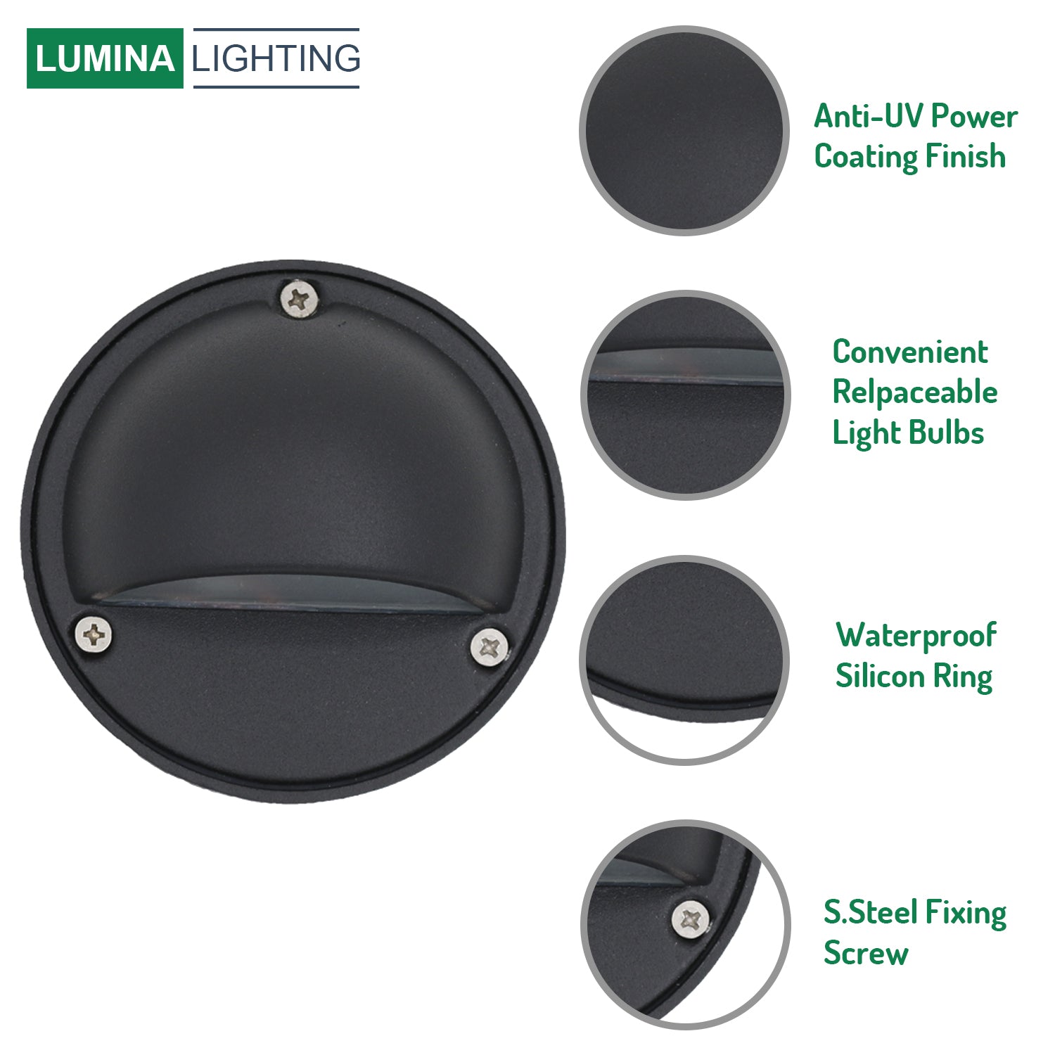Lumina Lighting® 2W Low Voltage LED Deck Lights | 12V AC/DC | Replaceable LED Bulb Included | (Black, 2-Pack)