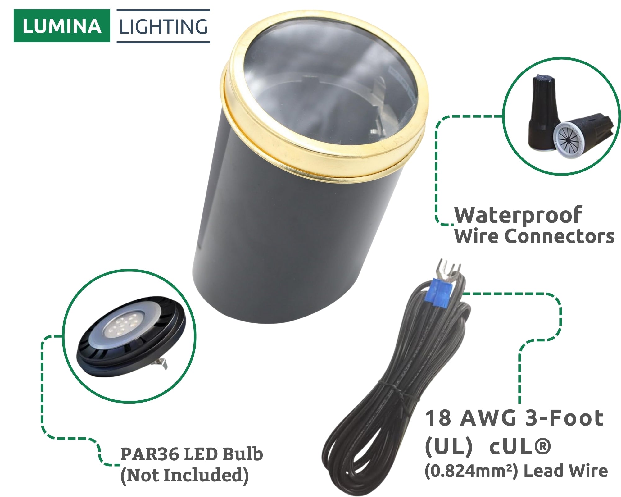 Lumina Lighting® 6W Landscape Well Lights (2 Pack) | Low Voltage Well Lights - Adjustable Outdoor In-Ground Light 12V 3000K | PAR36 LED (Gold/Black)