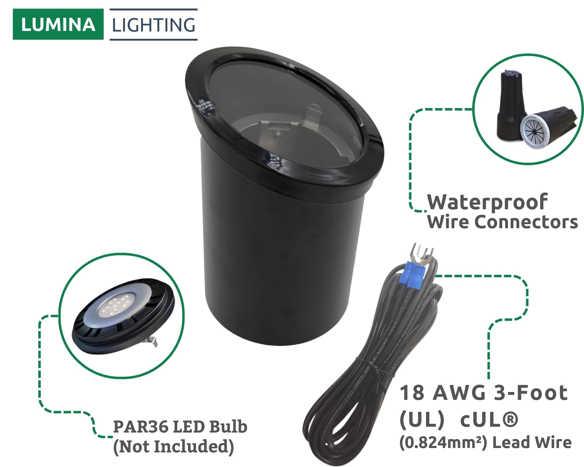 Lumina Lighting® Low Voltage Landscape Well Lights  | Adjustable Outdoor In-Ground Light (Black ABS, 2-Pack)