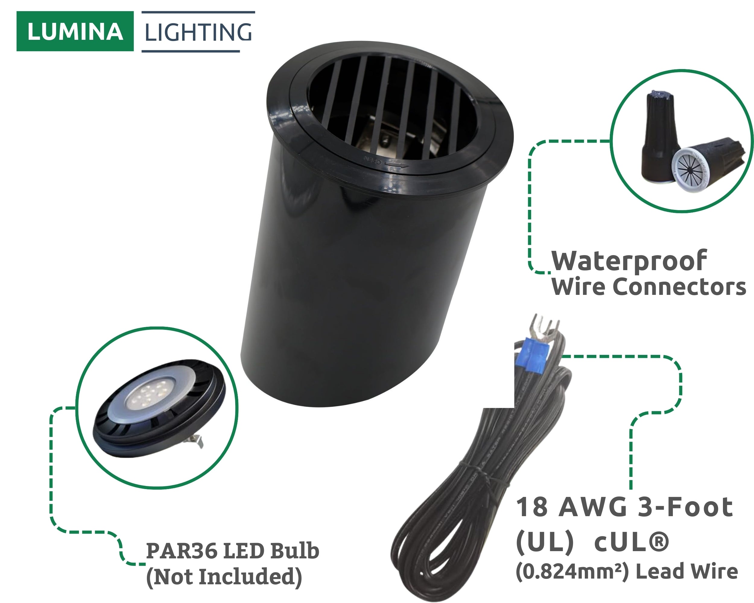 Lumina Lighting® 6W Landscape Well Lights (1 Pack) | Low Voltage Well Lights - Adjustable Outdoor In-Ground Light 12V 3000K | PAR36 LED (Black)