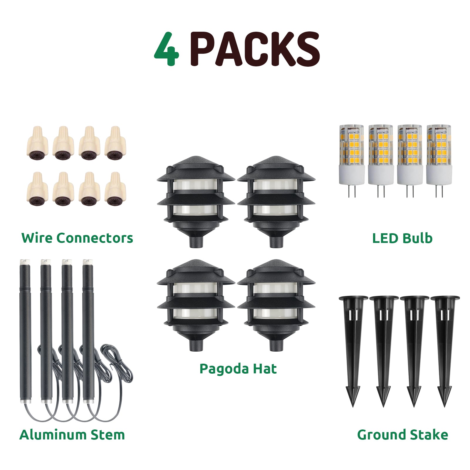 Lumina Lighting® 4W Low Voltage LED Pagoda Pathway Lights 12V Replaceable LED Bulb Included (Black, 4-Pack)