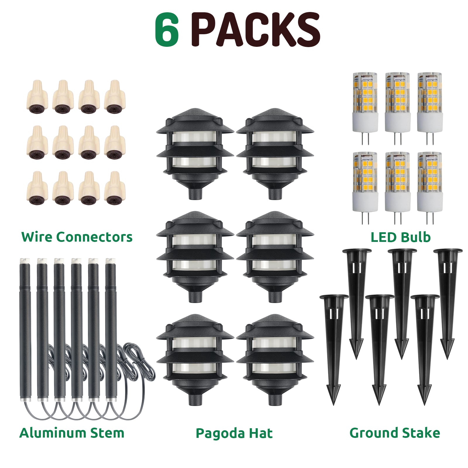 Lumina Lighting® 4W Low Voltage LED Pagoda Pathway Lights 12V Replaceable LED Bulb Included (Black, 6-Pack)