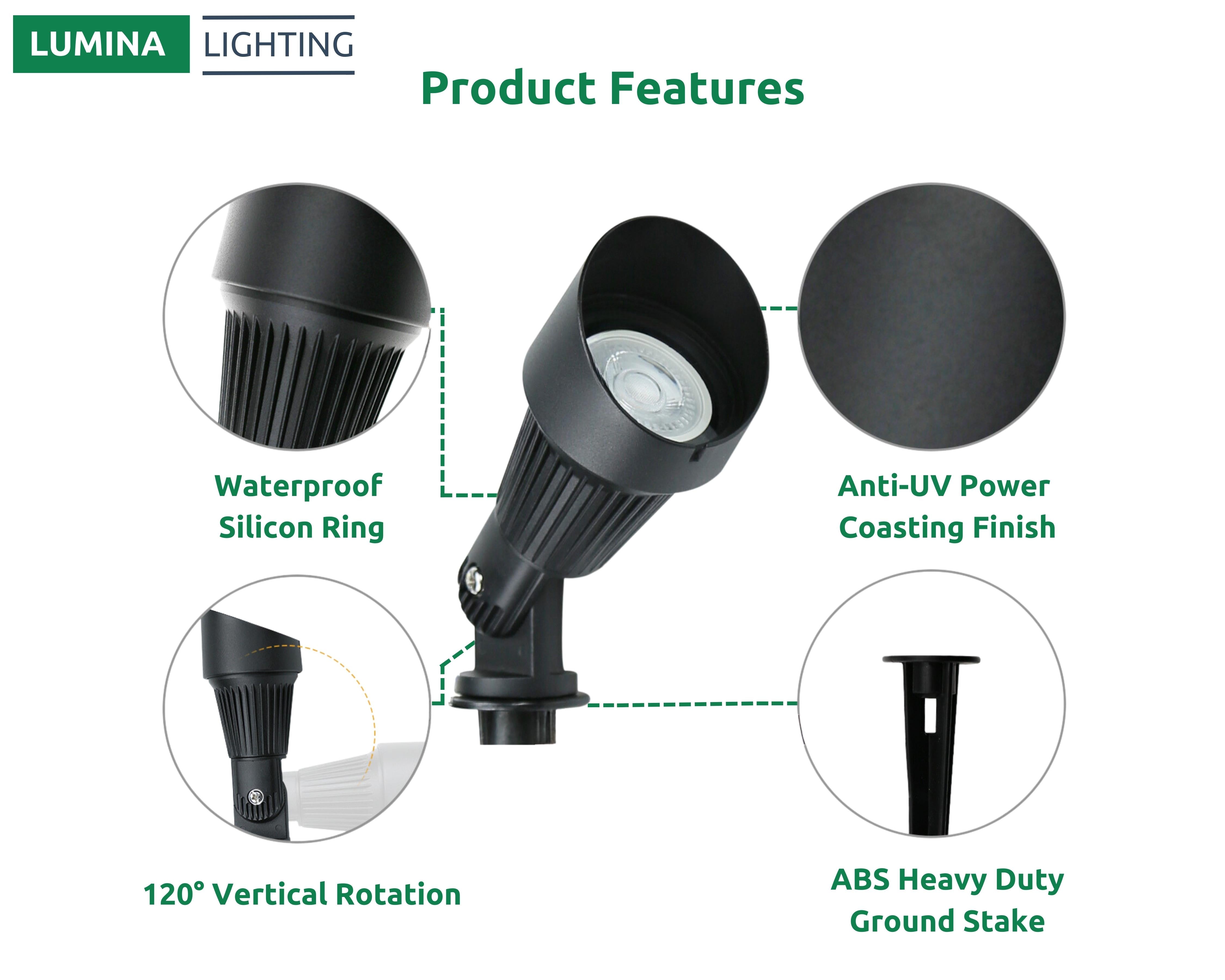 Lumina Lighting® 5W Low Voltage LED Spotlight | 12V Replaceable LED Bulb Included (Black, 2-Pack)