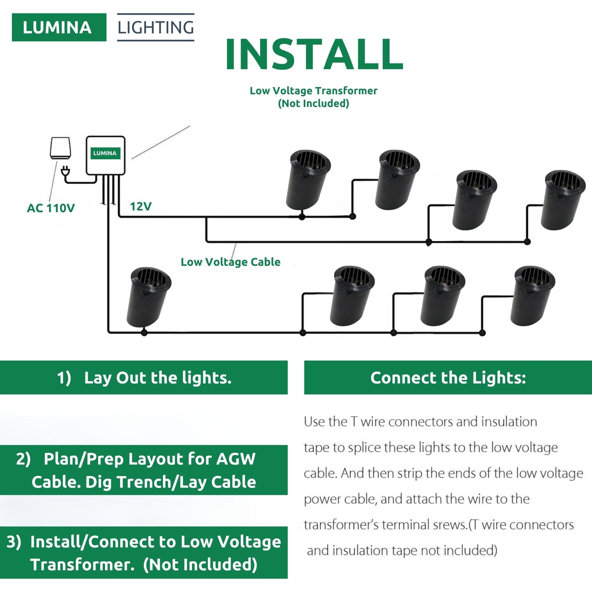 Lumina Lighting® Low Voltage Landscape Well Lights  | Adjustable Outdoor In-Ground Light (Black, 2-Pack)