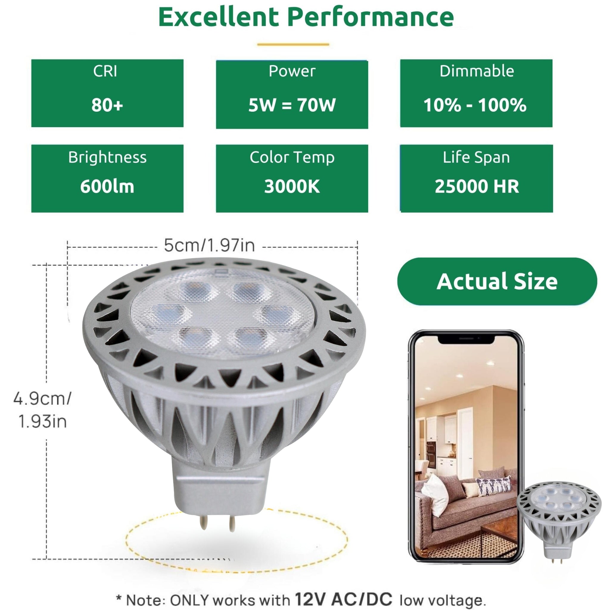 Lumina Lighting® 5W MR16 LED Bulb | AC/DC 12V 3000K Warm White 380 Lumens | (10-Pack)