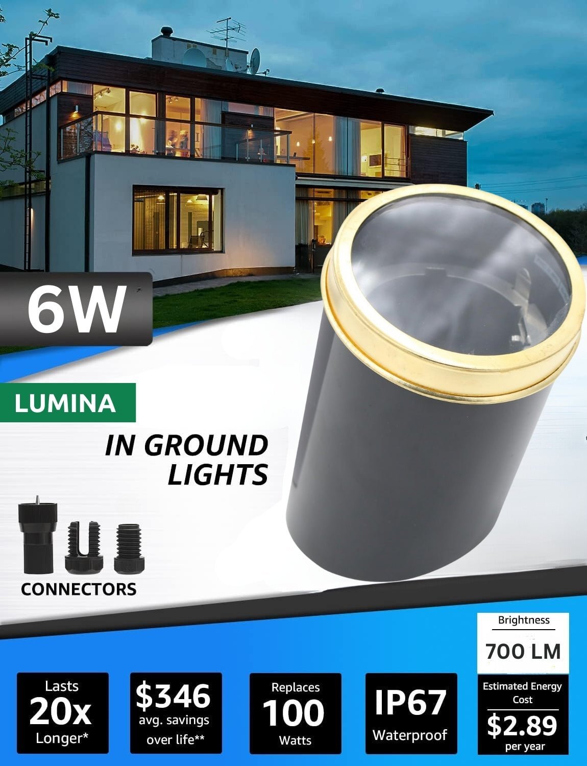 Lumina Lighting® Low Voltage Landscape Well Lights  | Adjustable Outdoor In-Ground Light (Brass, 2-Pack)