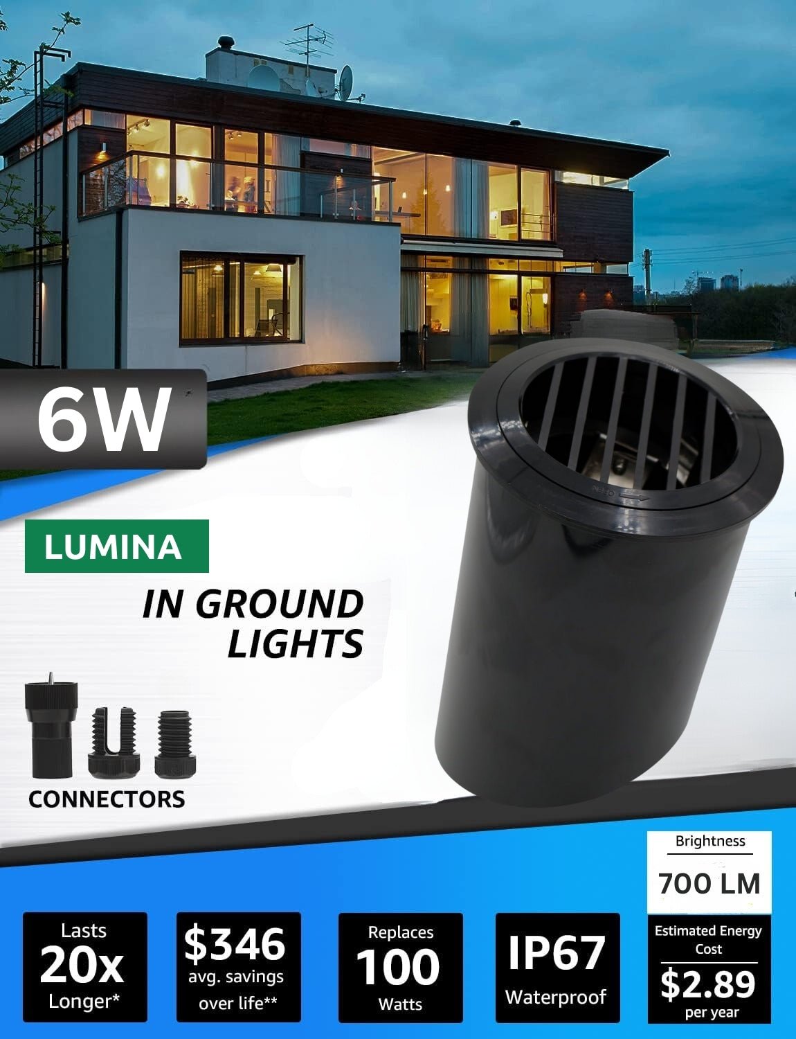 Lumina Lighting® Low Voltage Landscape Well Lights  | Adjustable Outdoor In-Ground Light (Black, 2-Pack)